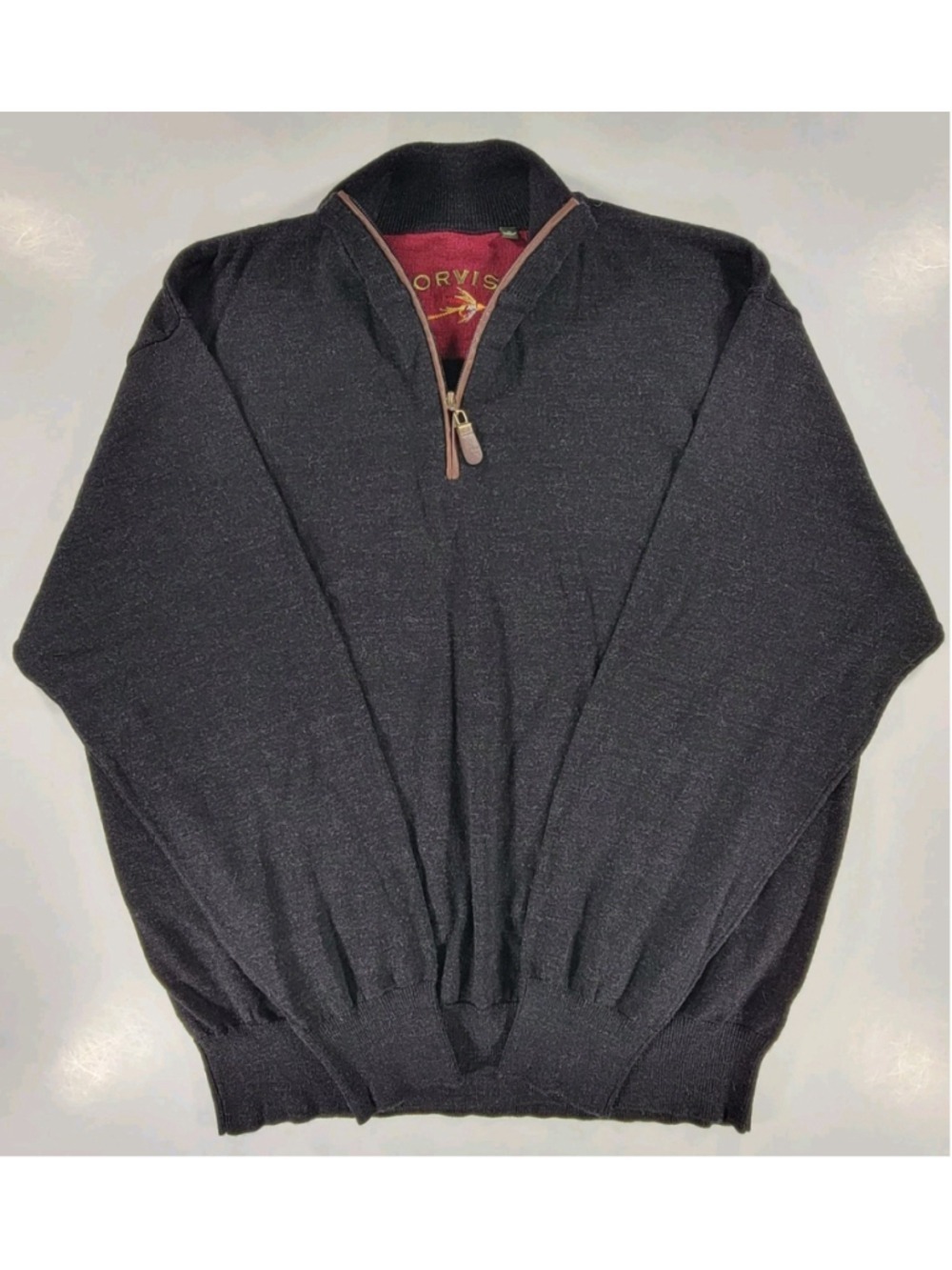 Orvis Merino Wool Quarter Zip Sweater Pullover Mock Neck Mens XL Charcol Gray